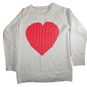 Women's Heart Cable Knit Sweater Size Small Cream & Red Long Sleeve Crew Neck